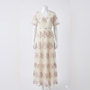 Cottagecore Sheer Floral Embroidered Garden Party Maxi Dress Women’s Large